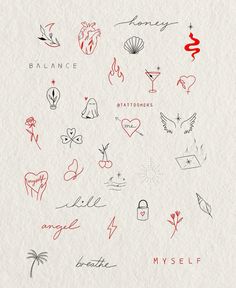 the back side of a piece of paper with many different tattoos on it, including hearts and