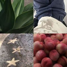 four different pictures with one person and some fruit