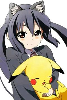 an anime character holding a pikachu in her arms and looking at the camera