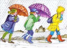 three children walking in the rain with umbrellas