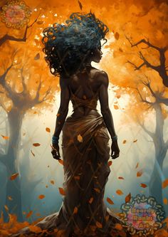 a painting of a woman standing in front of trees with leaves all over her body