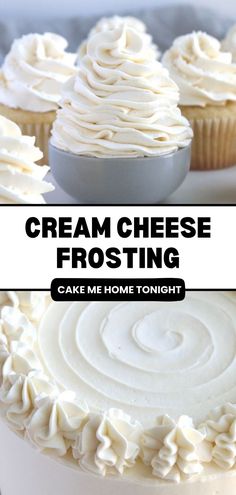 a white frosted cake with icing on top and the words cream cheese frosting above it