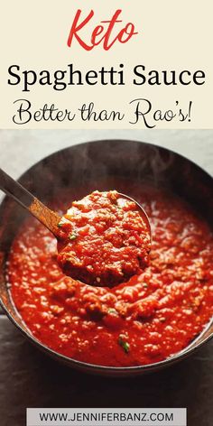 a spoon full of keto spaghetti sauce in a skillet with the title above it