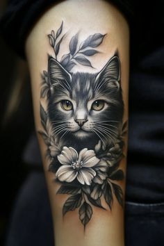 a black and white photo of a cat with flowers on it's arm,