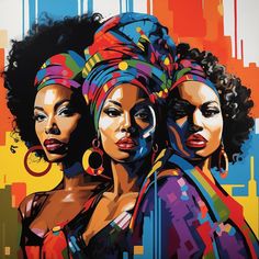 two women with afro hair and hoop earrings are shown in front of an abstract background