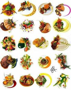 an assortment of food items are arranged in the shape of circles on a white background