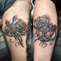 two tattoos on the legs of people with roses and key to their heart shaped lock