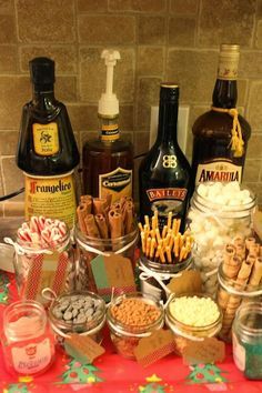 an assortment of snacks and condiments on a table