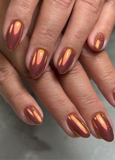 Looking for the perfect autumn nails? Check out these chrome fall nail ideas! Fall Nails Bridesmaid, Fall Chrome Nails Square, Copper Chrome French Tip Nails, Fall Nail Designs With Chrome, Autumn Nails With Chrome, Fall Nails Chrome Powder, Cool Chrome Nail Designs, Terracotta Chrome Nails, Shiny Fall Nails