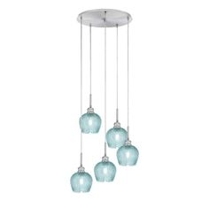 three blue glass balls hanging from a ceiling fixture with four lights on each side and one light in the middle