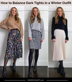 How to Balance Dark Tights in a Winter Outfit - Merrick's Art Black Tights Outfit, Tights Outfits, Mode Hippie, Midi Skirt Outfit, Winter Skirt Outfit, Winter Dress Outfits, Winter Skirt, Modest Clothing, Church Outfits