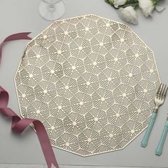 6 Pack | 15inch Gold Geometric Woven Vinyl Placemats, Non-Slip Dining Table Mats Mystical Unicorn, Parties Decorations, Lace Placemats, Vinyl Placemats, Dining Table Mats, Dining Table Placemats, Gettin Hitched, Woven Placemats, Gold Vinyl