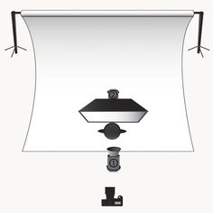 an image of a white background with some black and white objects on it, including a camera