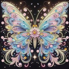 a colorful butterfly with lots of sparkles on it's wings and back side