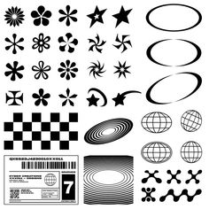 the various shapes and sizes of different objects are shown in black and white, including circles,