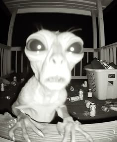 an alien is staring at the camera in this black and white photo