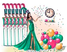 a drawing of a woman in a green dress standing next to balloons and a clock