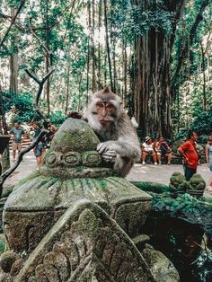 a monkey sitting on top of a stone statue in the middle of a forest filled with people