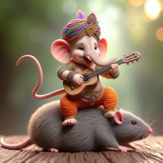 a little mouse playing the guitar on top of a rat