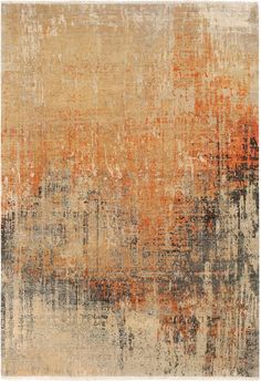 an abstract rug with orange and grey colors on the bottom, in shades of beige, brown