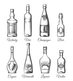 the different types of alcohol bottles in black and white, with names on each bottle