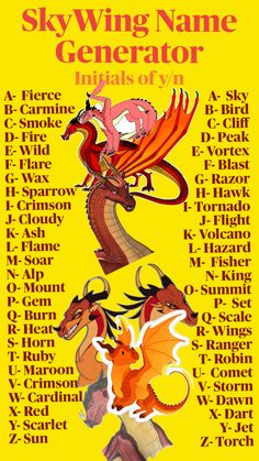 an advertisement for the sky wing name generator appliance, with two dragon characters