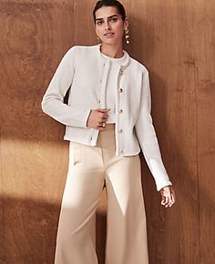 This flattering pant features an easy fit through the thigh and front pleats for extra ease of movement. Waist button plackets. Hidden side zip. Vertical front welt pockets. Back welt pockets.,Leg Shape:Leg Shape: Wide Leg – a modern must-have with a statement leg and flattering high waist,Rise:High rise: sits 1/2" to 1" below natural waist,Imported:Imported,Fit:Fit: Relaxed & easy,Length:Full length: 32" inseam with 29" leg opening,Fabrication:54% Viscose, 39% Cotton, 7% Elastane,Garment Care:M Clean Girl Era, Ivory Pants, Khaki Slacks, Outfit Ideas 2024, Flattering Pants, Petite Sweaters, Cropped Blazer Jacket, Knitted Suit, Palazzo Pant