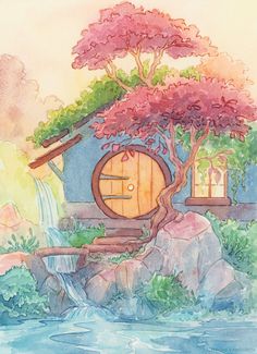 a watercolor painting of a house with a tree and waterfall