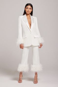 Margot White Blazer White Bra Top, Feather Cuffs, Nadine Merabi, Feather Cuff, Chic Brides, White Bras, Feather Trim, Oversized Blazer, Satin Material