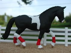 a black and white horse with red socks on it's legs is standing in front of a fence