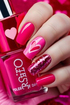 Celebrate love in style with 21+ hot pink Valentine nails. These bold, flirty designs are perfect for date night or a fun night out with friends. #HotPinkValentineNails Bright Pink Birthday Nails, Valentine Nails Dip, Hot Pink Heart Nails, Valentines Nails Red And Pink, Valentines Day Nails Hot Pink, Hot Pink Valentines Nails, Hot Pink Valentines Day Nails, Hot Pink And Red Nails, Hot Pink Beach Nails