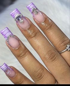 Purple Acrylic Nails With Charms, Purple Nail Designs With Charms, Nails Acrylic Short Charms, Purple Charm Nails, Short Frenchies With Charms, Cute Short Nails With Charms, Purple Kaws Nails, Purple Junk Nails, Nails With Charms Simple