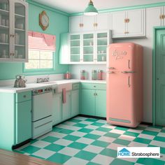 a pink refrigerator freezer sitting inside of a kitchen