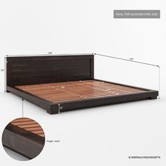 a bed frame with wooden slats and measurements