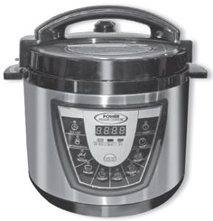 an electric pressure cooker with the lid open and timer on it's side