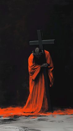 a man with a cross on his head is standing in front of a black background