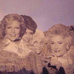 an old photo of three women with glasses on their heads and mountains in the background