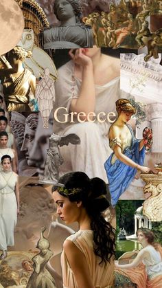 the collage shows many different types of women in ancient greek dress, including statues and people