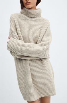 Soft ribbing distinguishes a wool-kissed sweater-dress knit with a cozy turtleneck and slouchy, dropped shoulders. Slips on over head Turtleneck Long sleeves 79% polyester, 13% acrylic, 5% wool, 5% elastane Hand wash, dry flat Imported Vinter Mode Outfits, Winter Mode Outfits, Oversized Wool Coat, Fall Sweater Dress, Rib Sweater, Pastel Grey, Winter Fashion Outfits Casual, Dresses Casual Fall, Ribbed Sweater Dress