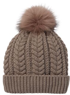 Fit & Design: Standard fit winter hat Soft, chunky cable knit keeps you cozy and warm Pre-cuffed Cute faux fur pom on top One size fits most Cold Weather Cable Knit Hat, Cozy Cable Knit Beanie For Winter, Cozy Cable Knit Winter Hat, Winter Wool Cable Knit Hat, Winter Cable Knit Beanie One Size, Cozy Cabin, Pom Pom Hat, Fur Pom Pom, Cable Knit