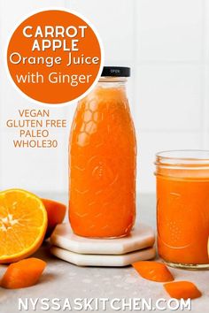 an orange juice with ginger is in a mason jar and surrounded by sliced oranges