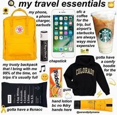 the contents of a travel essentials bag including an iphone, coffee cup and cell phone