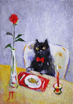 a painting of a black cat sitting at a table next to a vase with a red rose