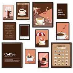 coffee poster set with different types of cups and saucers on the wall above them