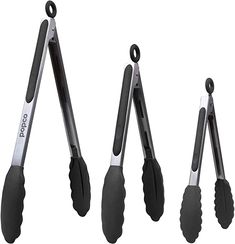 four different types of tongs with black handles