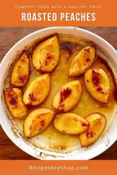 baked peaches in a white bowl with text overlay