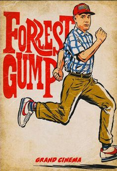 an old book with a man running and the title forrest gump written in red