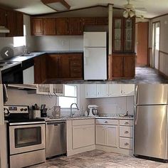 an empty kitchen with stainless steel appliances and wood cabinetry is seen in this image