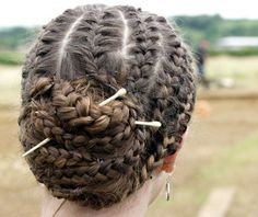 Ella Adams (the farmer's daughter) sports her Roman hair do:  the pins are replicas made by Martin Weaver Medieval Hairstyles, Roman History, Long Braids, French Braid