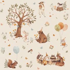 an animal themed wallpaper with balloons and animals in the background, including a tree